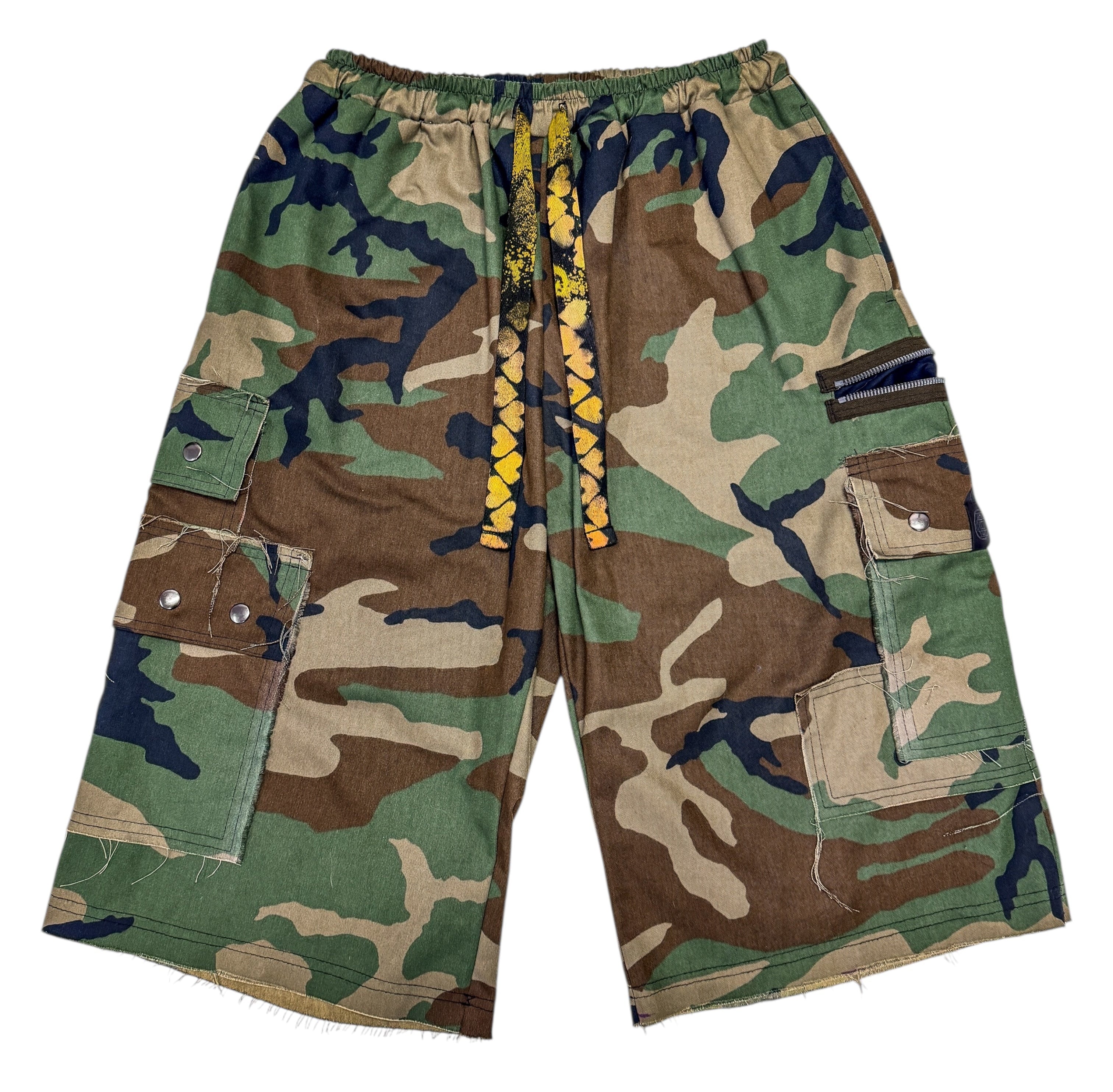 One of a Kind PATCHWORK CAMO LOVE SHORTS (M/L)