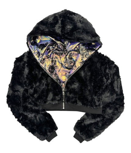 BLACK FUR AND HOLOGRAPHIC CROP HOODIE