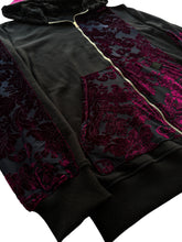 Load image into Gallery viewer, MIDNIGHT MERLOT DAMASK ZIP UP HOODIE (Large)