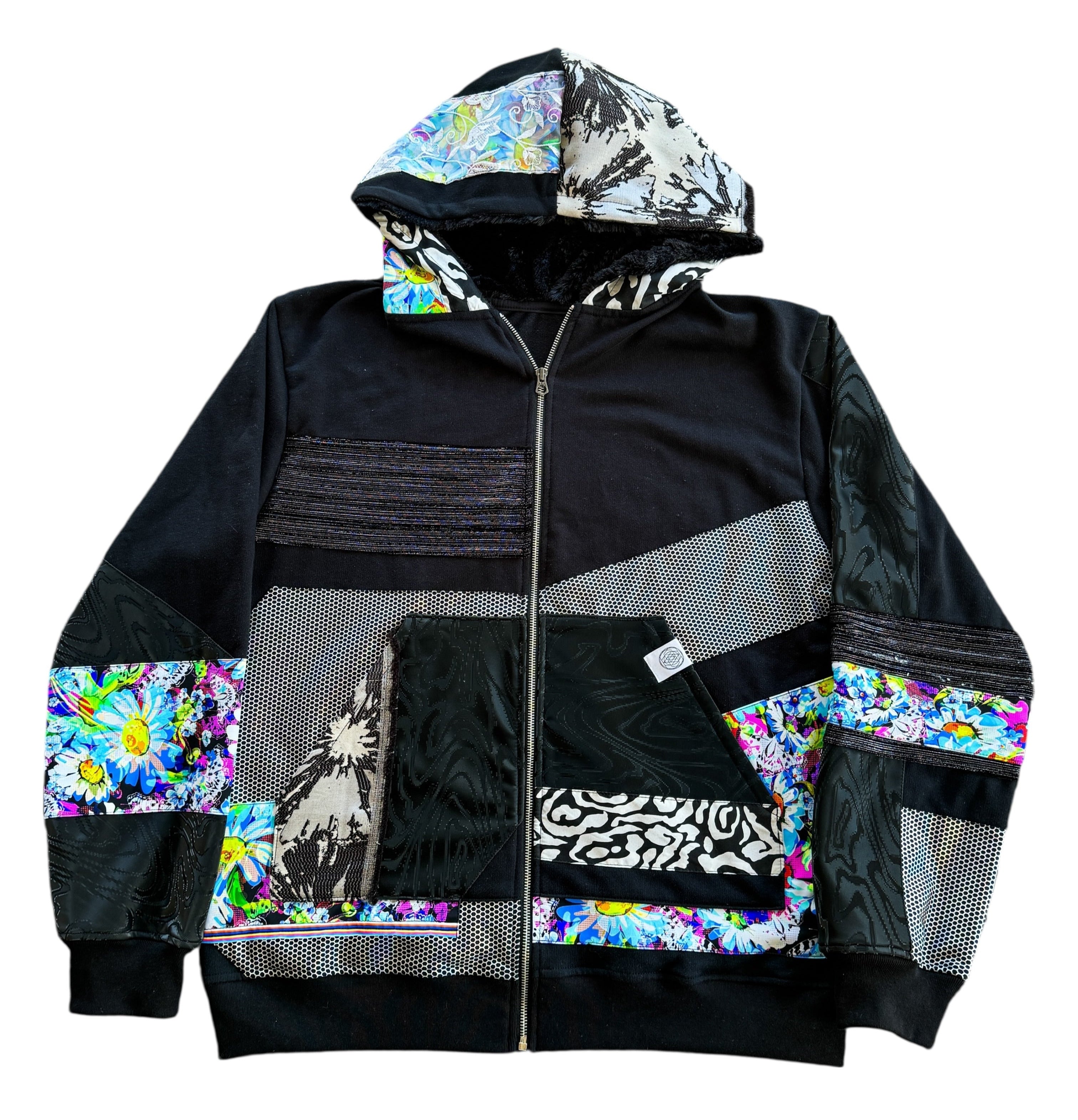 One of a Kind NEON BLOOM Patchwork Zip Up Hoodie (Large)