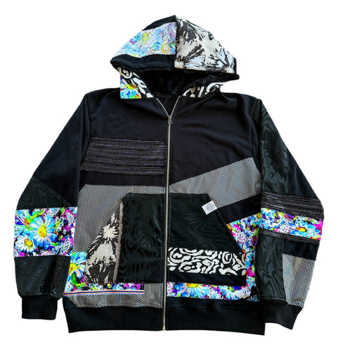 One of a Kind NEON BLOOM Patchwork Zip Up Hoodie (Large)