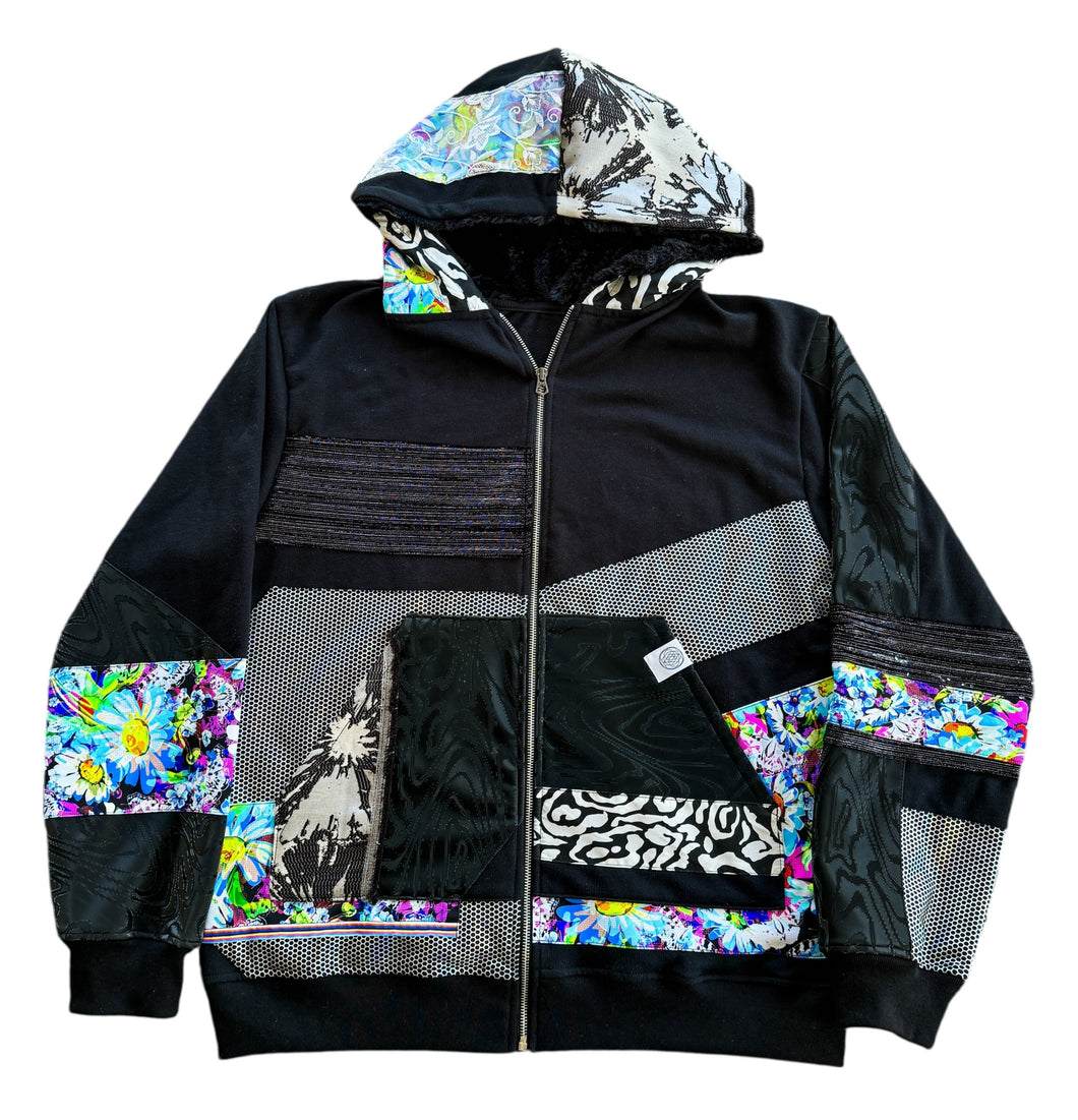 One of a Kind NEON BLOOM Patchwork Zip Up Hoodie (Large)