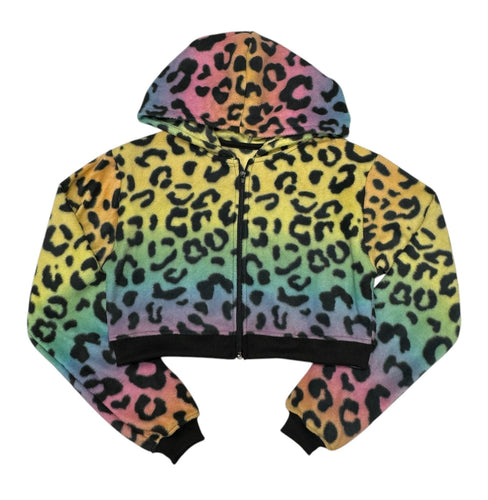 RAINBOW LEOPARD FLEECE CROP HOODIE (XS-2XL)