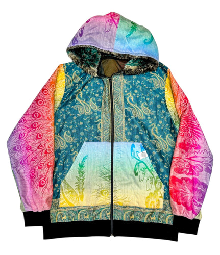 One of a Kind Blue Paisley w/ Rainbow Paisley and Peacock Pashmina Jacket (2XL)