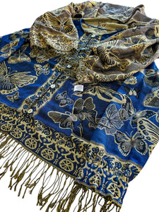 BLUE AND TAN BUTTERFLY PASHMINA JACKET (S-2XL)