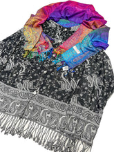 Load image into Gallery viewer, BLACK PAISLEY AND RAINBOW BUTTERFLY PASHMINA JACKET ( XL )