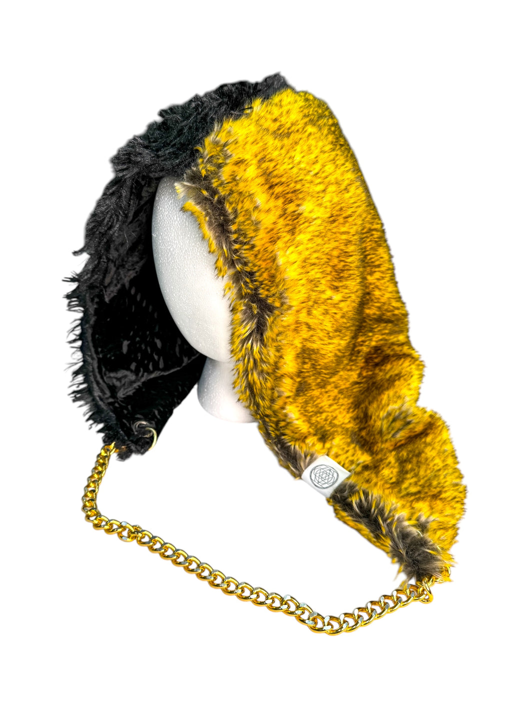 SPLIT GOLD AND BLACK FUR HOOD w/ CHAIN
