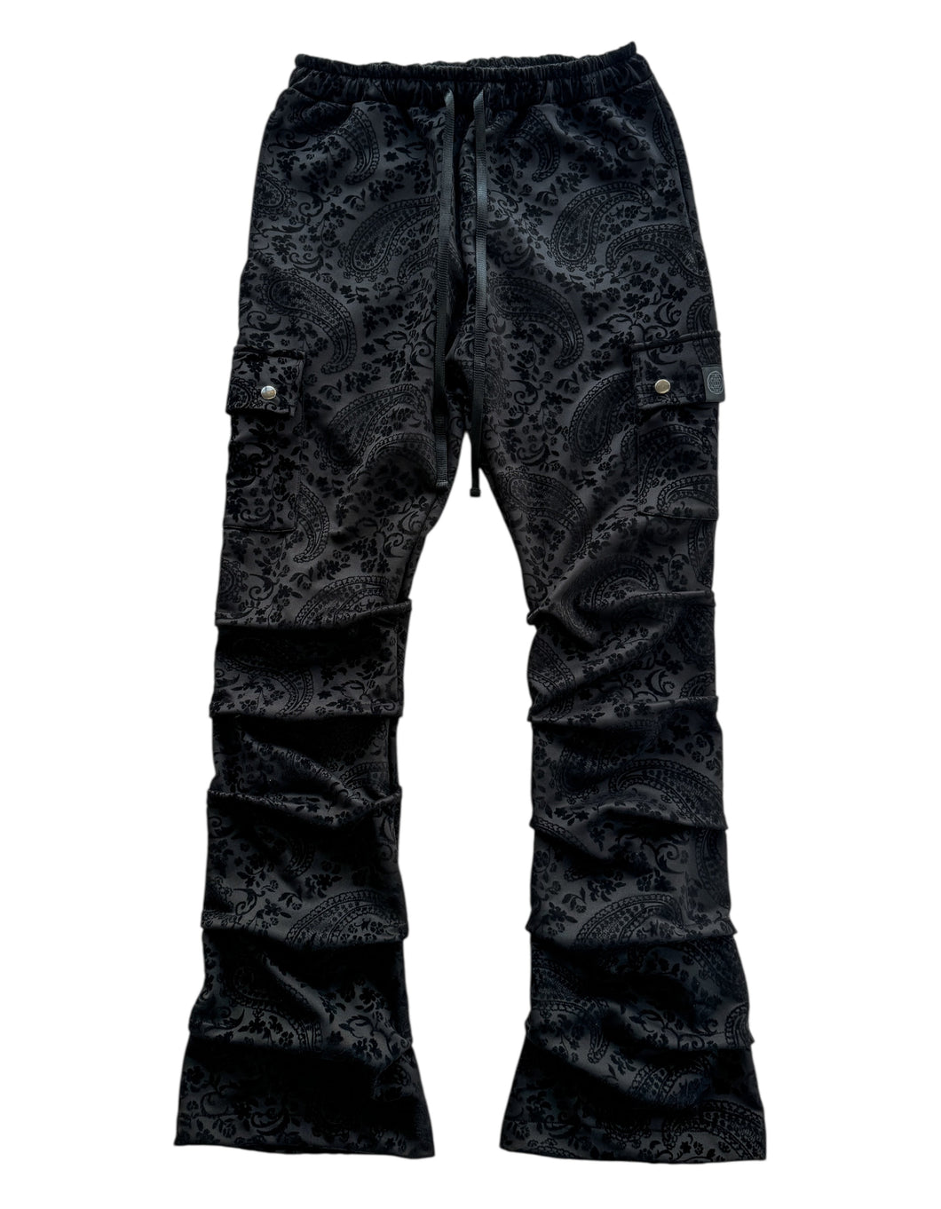 One of a Kind BLACK VELVET PAISLEY Stack Pants (medium 30-32”)