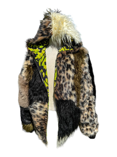 One of a Kind EARTH LEOPARD PATCHWORK FUR ZIP-UP JACKET (Large)