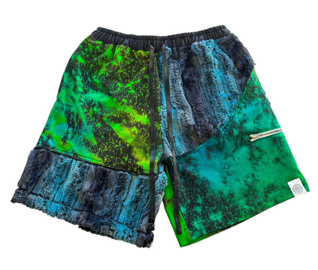 One of a kind PATCHWORK COTTON AND FUR SHORTS (30-32” waist)