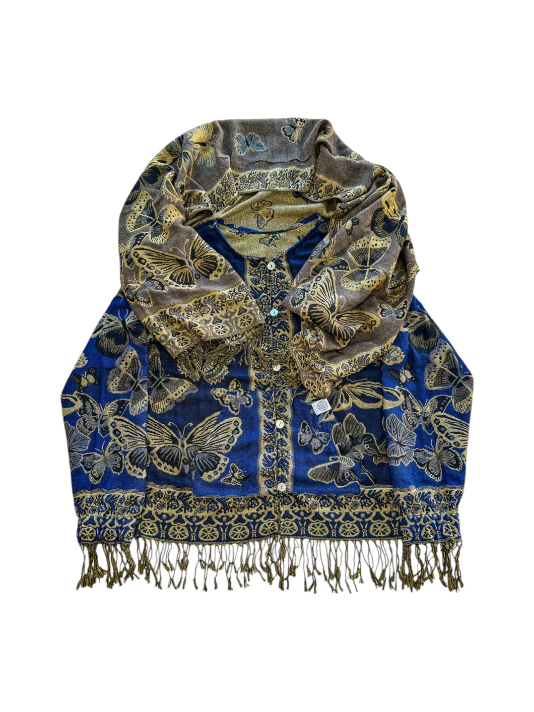 BLUE AND TAN BUTTERFLY PASHMINA JACKET (S-2XL)