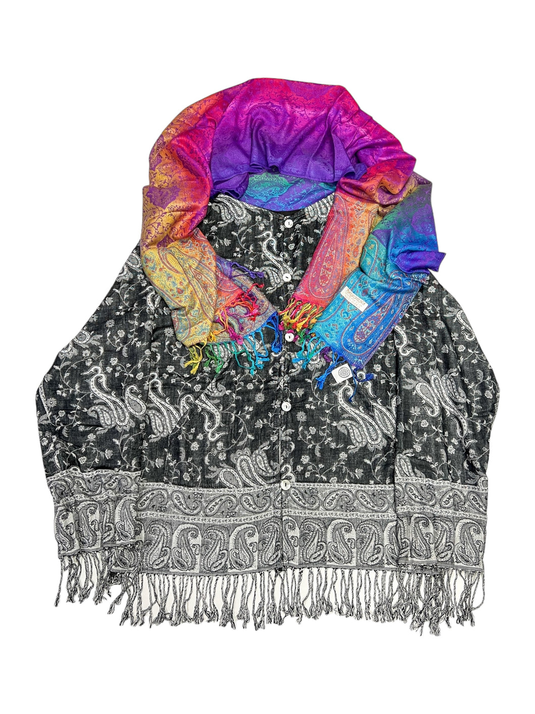 BLACK PAISLEY AND PURPLE RAINBOW PAISLEY PASHMINA JACKET