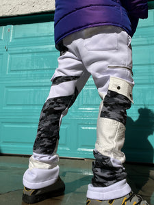 One of a Kind SNOW CAMO PATCHWORK STACK PANTS (M 30-32” waist)