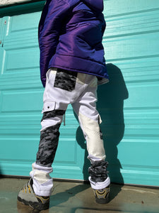 One of a Kind SNOW CAMO PATCHWORK STACK PANTS (M 30-32” waist)