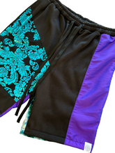 Load image into Gallery viewer, 1 of 1 AQUA BURNOUT N PURP NYLON PATCHWORK SHORTS ( XL elastic waist )